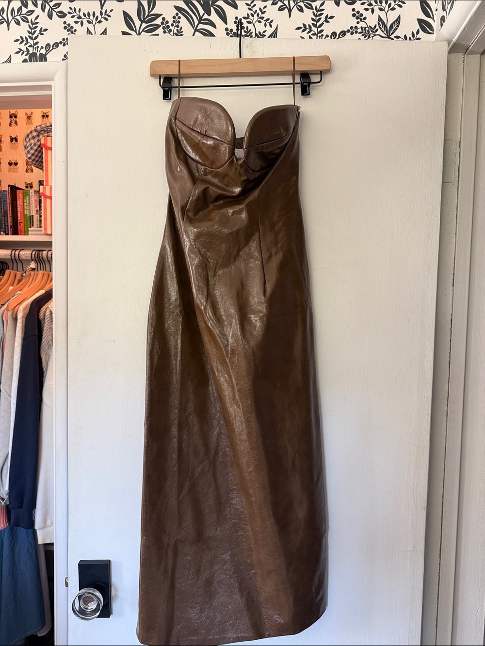 Strapless Faux-Leather Brown Maxi Dress